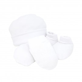 Conjunto blanco gorrito patucos y manoplas bebé