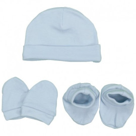 Conjunto azul gorrito patucos y manoplas bebé