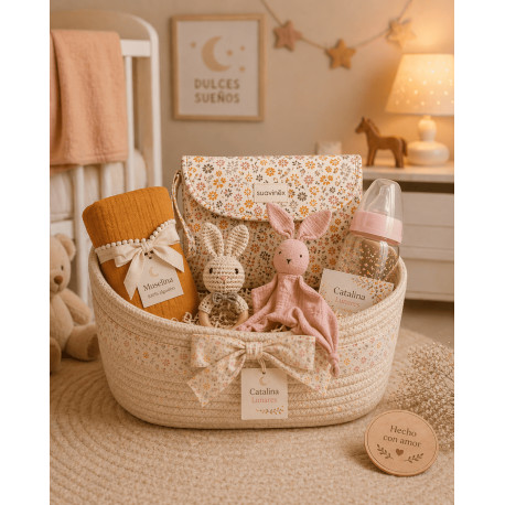 Cesta Bebé Suavinex FLORAL + Arrullo Jengibre | Regalo Premium Catalina Lunares